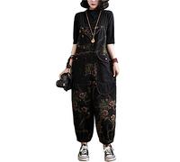 COWOKA Damen Lose Baggy Overalls Denim Bedruckt Lätzchen Schritt Baumwolle Weite Bein Jumpsuit Haremshose, Floral2, Small