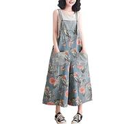 COWOKA Damen Lose Druck Verstellbare Träger Denim Baggy Bib Overalls Casual Wide Leg Jeans Jumpsuit Strampler Hosen, hellblau, X-Large