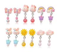 COYUN 6 Paar Ohrclips Kinder Zum Anklipsen, Klipp Ohrringe Kinder Mädchen,Bunte Nicht Durchbohrte Ohrclips Aus Kunstharz Mit Kaninchen, Niedliche Prinzessinnen Schmuckzubehör Mädchen Geschenk