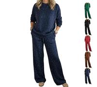 Cozy Travel Crewneck Shiny Sweatshirt und Hose, 2-teiliges Set, glitzernde Glitzer-Oberteile und Hosen, Outfits, 2-teiliges Lounge-Set, blau, L