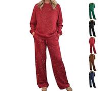 Cozy Travel Crewneck Shiny Sweatshirt und Hose, 2-teiliges Set, glitzernde Glitzer-Oberteile und Hosen, Outfits, 2-teiliges Lounge-Set, rot, L