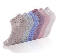 COZYOFFI 3/6 Paar rutschfeste Krankenhaus-Socken für Frauen Flauschige Fuzzy Slipper Socken mit Griffen, C02-Licht Farbe, Einheitsgröße