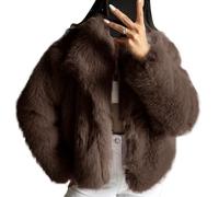 COZYPOIN Damen Kunstfelljacke, flauschiger Pelzmantel, bauchfrei, lange Ärmel, Revers, Knopfleiste, flauschig, Winteroberbekleidung, Braun, M