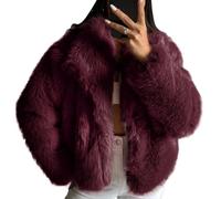 COZYPOIN Damen Kunstfelljacke, flauschiger Pelzmantel, bauchfrei, lange Ärmel, Revers, Knopfleiste, flauschig, Winteroberbekleidung, Weinrot, S
