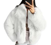 COZYPOIN Damen Kunstfelljacke, flauschiger Pelzmantel, bauchfrei, lange Ärmel, Revers, Knopfleiste, flauschig, Winteroberbekleidung, Weiss/opulenter Garten, M