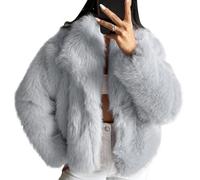 COZYPOIN Damen Kunstfelljacke, flauschiger Pelzmantel, bauchfrei, lange Ärmel, Revers, Knopfleiste, flauschig, Winteroberbekleidung, Ashgrey, XL