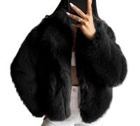 COZYPOIN Damen Kunstfelljacke, flauschiger Pelzmantel, bauchfrei, lange Ärmel, Revers, Knopfleiste, flauschig, Winteroberbekleidung, Schwarz, M