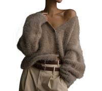 COZYPOIN Damen Strickjacke aus Mohair, vorne offen, Knopfleiste, V-Ausschnitt, Lange Ärmel, lockere Schultern, Strickmantel, Khaki, X-Large