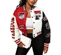 COZYPOIN Damen Varsity Jacke Cropped Letterman Jacke Leichte Knopfleiste Bomber Racer Baseball Y2K Mäntel, Rot/Ausflug, einfarbig (Getaway Solids), XL