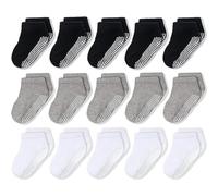 CozyWay Non-Schlupf-Knöchelgriff niedrig geschnittene Kindersocken, 15 Pack für Jungen & Mädchen, Schwarz/Weiß/Grau, 5-7 Jahre alt