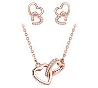 CPSLOVE Rose Gold Herz Halskette und Ohrringe für Damen Mädchen, 925 Silber Schmuck-Sets, Elegante Herz Schlüsselbeinkette Anhänger, Doppelte Herz Ohrringe, Eingelegter Zirkon