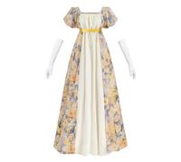 CR ROLECOS Regency Kleid Damen Kleider 19 Jahrhundert Floral Viktorianisches Ballkleid Renaissance Kostüm Damen Tee Party Gala mit Handschuhen Gelb 3XL