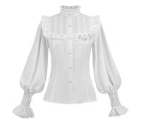 CR ROLECOS Viktorianische Bluse Damen Langarm Mittelalter Rüschenbluse Vintage Gothic Bluse Weiße XL