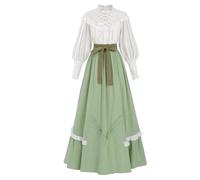 CR ROLECOS Viktorianisches Kleid Mittelalter Kleidung Damen 2-teiliger Renaissance Maxikleid Viktorianisches Bluse+Mittelalter Röcke Ballkleid Teeparty Olive Grün S