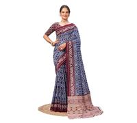 CRAFTSTRIBE Soft Cotton Saree Printed Blue Sari With Unstitched Blouse