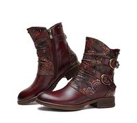 CrazycatZ Damen Stiefeletten Leder Stiefel Bohemian Kurze Chelsea-Stiefel (Red Wine, numeric_42)