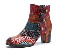 CrazycatZ Damen Stiefeletten mit Absatz Leder Chelsea Kurze Stiefel Handgefertigte Gestickt Bunte Patchwork Gestickte Blumen Vintage Stiefeletten (42 EU, C)