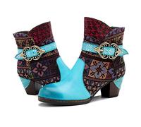 CrazycatZ Damen Stiefeletten mit Absatz Leder Chelsea Kurze Stiefel Handgefertigte Gestickt Bunte Patchwork Gestickte Blumen Vintage Stiefeletten (41 EU, F)