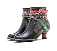 CrazycatZ Damen Stiefeletten mit Absatz Leder stiefeletten Bunte Ankle Vintage Boots (Black, numeric_40)