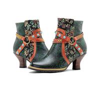 CrazycatZ Damen Stiefeletten mit Absatz Leder stiefeletten Bunte Ankle Vintage Boots (Green, numeric_42)
