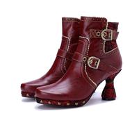 CrazycatZ Damen Stiefeletten mit Absatz Lederstiefeletten vintage Stiefele Ankle Boots (Red Wine, Erwachsene, Damen, 41, Numerisch, EU Schuhgrößensystem, M)