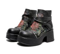 CrazycatZ Vintage Plateau-Stiefeletten aus Leder, Blumenmuster, Schnallenverschluss, Blockabsatz, Schwarz/Braun (Black, Erwachsene, Damen, 39, Numerisch, EU Schuhgrößensystem, M)