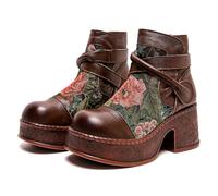 CrazycatZ Vintage Plateau-Stiefeletten aus Leder, Blumenmuster, Schnallenverschluss, Blockabsatz, Schwarz/Braun (Brown, Erwachsene, Damen, 40, Numerisch, EU Schuhgrößensystem, M)