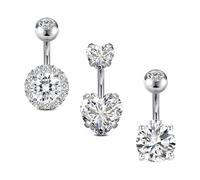 Crdifu 14G 6mm Kurz Bauchnabelpiercing Silber, 1,6mm Bauchnabel Piercing 316L Edelstahl, 3er Set Bauchnabelpiercing Herz Kristall Zirkonia, Bananabell Piercing Hypoallergen Frauen Damen