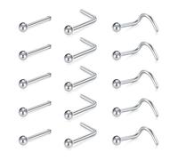 Crdifu 18G 7mm Nasenpiercing Stecker Silber, 1mm Dünn Nasenstecker Set L Form Gerade Gebogen Spirale, 15 Stk Nase Piercing Stecker 316L Edelstahl Kugel, Piercing Nose Nostril Set für Frauen Männer