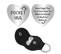 CREATCABIN Herz-Taschen-Umarmungszeichen Fernbeziehungen Andenken Schlüsselanhänger Edelstahl Doppelseitig Mit Leder-Schlüsselanhänger Geschenk Für Familie Freundin Tochter Sohn 3x3 cm- I Love You.