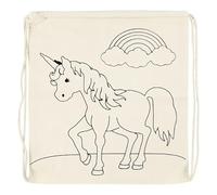 CREATIV DISCOUNT Kordelzug-Beutel aus Baumwolle, bedruckt zum Ausmalen, Größe 37 x 41 cm (Hellnatur, Motiv Einhorn)