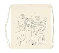 CREATIV DISCOUNT Kordelzug-Beutel aus Baumwolle, bedruckt zum Ausmalen, Größe 37 x 41 cm (Hellnatur, Motiv Meerjungfrau)