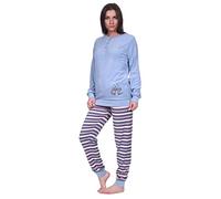 Creative by Normann Damen Frottee Pyjama mit Knopfleiste, Langarm, Uni Oberteil Katzen, Hose in Ringel-Optik, Blau, 69217, Gr. M 40/42