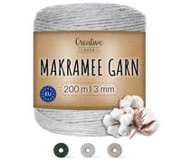 Creative Deco 200m Hell-Grau Makramee Garn 3mm | 656 Fuß | 15-lagig Schnur | Baumwollgarn Baumwoll Kordel Große Rolle Naturliche Stark | Macrame Cord 3mm für Basteln, DIY, Handwerk & Boho Deko