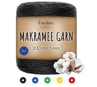 Creative Deco 200m Schwarz Makramee Garn 3mm | 656 Fuß | 15-lagig Schnur | Baumwollgarn Baumwoll Kordel Große Rolle Naturliche Stark | Macrame Cord 3mm für Basteln, DIY, Handwerk & Boho Deko