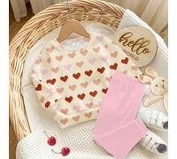 Creme Mandel & Lotosblume Rosa, Faux Strick buntes Herzmuster, Baby Mädchen Lässig bequemes weiches warmes Sweatshirt mit Rundhalsausschnitt und Langa