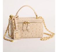 Cremefarbene Aprikosen-Straußenleder-Textur Vintage kleine quadratische Box-Handtasche, sanfte Pendler- & Date-Mini-Kettentasche für Frauen