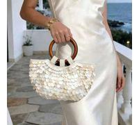 Cremefarbene Muschel-Pailletten-Handtasche mit rundem Holzgriff, Mini-Eimer-Tragetasche, Hochzeits-Clutch-Tasche, Sommer-Strand-Urlaub-Handtasche