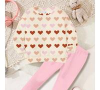 Cremefarbener Mandel- und Lotosblumen-Rosa, gefälschter bunter Herzmuster-Strick, Mädchen Lässig Komfortable Weiche Warme Crew Neck Langarm Sweatshirt