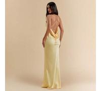 Cremegelbes, Einfarbig, asymmetrisches Satinkleid mit ausgeschnittenem Rücken und Krawattendetail, elegantes Abendkleid für Hochzeitsgäste, Strandurla