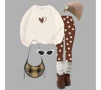 Cremeweiß & Braun, süßes minimalistisches Herzmuster-Muster, Tween Mädchen Lässig bequemer weicher Rundhals Langarm Sweatshirt und Leggings, geeignet