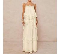 Cremeweißes Maxikleid mit Spitzenbesatz und Stufen, elegantes Sommerkleid aus Chiffon mit Spaghettiträgern, fließender A-Linie, rückenfrei, für Hochze