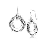 Creolen aus 925er-Sterlingsilber, offener Kreis mit Blumen, oxidiert, stilvoll, hypoallergen, nickel- und bleifrei, handwerklich gefertigte Designer-Kollektion