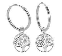 Creolen Ohrringe aus Sterling Silber 925 mit Anhänger Lebensbaum Glücksbringer für Damen und Girls (15 mm)