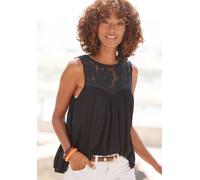 Crepebluse BUFFALO, Damen, Gr. 42, schwarz, Crêpe, Obermaterial: 100% Viskose. Einsatz: 100% Baumwolle, unifarben, figurumspielend hüftlang, Rundhals, Blusen, mit Spitzeneinsatz, Blusentop, Boho-Style