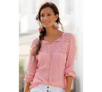 Crepebluse LASCANA, Damen, Gr. 48, lila (mauve), Crêpe, Obermaterial: 100% Viskose. Spitze: 100% Baumwolle, unifarben, figurumspielend hüftlang, V-Ausschnitt, elastischer Bund, Blusen, mit Lochsticker