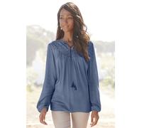 Crepebluse LASCANA, Damen, Gr. 50, blau (smokey blau), Crêpe, Obermaterial: 100% Viskose. Spitze: 100% Baumwolle, unifarben, figurumspielend hüftlang, V-Ausschnitt, elastischer Bund, Blusen, mit Lochs