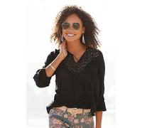 Crepebluse LASCANA, Damen, Gr. 50, schwarz, Crêpe, Obermaterial: 100% Viskose. Spitze: 100% Baumwolle, unifarben, figurumspielend hüftlang, V-Ausschnitt, elastischer Bund, Blusen, mit Lochstickerei, D