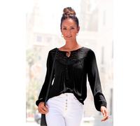 Crepebluse LASCANA "mit Lochstickerei am Ausschnitt, leicht transparent", Damen, Gr. 34, schwarz, Crêpe, Obermaterial: 100% Viskose. Spitze: 100% Baumwolle, unifarben, figurumspielend hüftlang, V-Auss