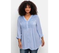 Crepebluse SHEEGO BY JOE BROWNS, Damen, Gr. 44, blau (himmelblau), 100% Viskose, Spitze:100% Baumwolle, unifarben, V-Ausschnitt, Blusen (49743768-44) himmelblau
